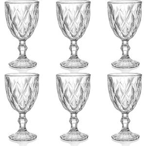 SOUJOY 6 Pack Glasses Goblet, 10oz Vintage Embossed Glass Cup, Beverage Stemmed Party Wine Glasses for Soda, Juice in Bars, Restaurants, Home