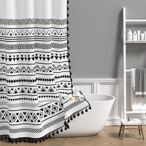 dnldliq Boho Shower Curtain Black and White Fabric Bathroom Curtains with Hooks, Waterproof Triangle and Geometric Tassel Bath Curtain for Modern Hotel Decor 60*72 Inch