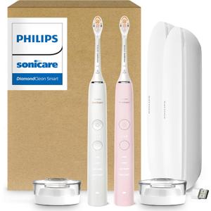 Philips Sonicare DiamondClean 9000 Electric Toothbrush - Sonic Toothbrush with App, Pressure Sensor, 12 Brushing Settings, Replacement Reminder, USB Charging Case, Black & Rose Gold, 2-Pack, HX9912/71, Rose and White