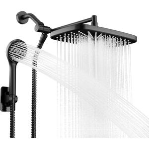 Wide Rain Shower Head With 5 Modes Handheld Showerheads, High Pressure Showerhead Combo with Extension Arm for Bathroom Accessories, Adjustable Shower Head with Anti-Clog Nozzles (Black)