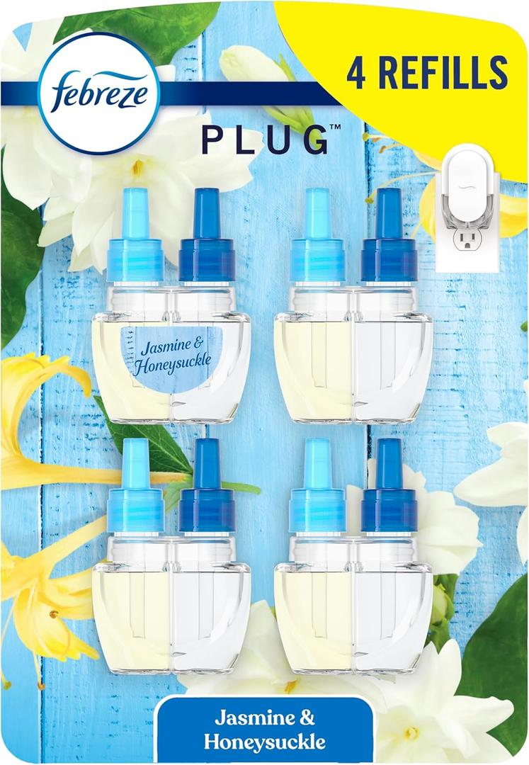 Febreze Plug In Air Freshener, Odor-Fighting Scented Oil Refill, Air Fresheners for Home and Bathroom and Kitchen, Long Lasting for Strong Odors, Jasmine & Honeysuckle Scent, 0.87oz Refills, 4 Count