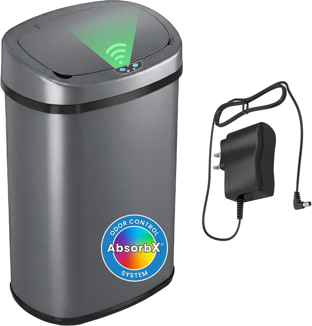 SensorCan 13 Gallon Automatic Sensor Trash Can with Lid, AC Adapter Included, AbsorbX Odor Control, Gunmetal Gray Stainless Steel Kitchen Garbage Bin, Fingerprint-Proof, Hands-Free Operation, Oval