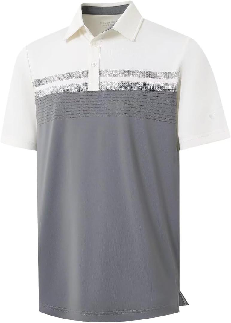 Rouen Polo Shirts for Men Quick Dry Regular Fit Casual Color Block Chest Print Active Short Sleeve Collared Mens Golf Shirt (Medium, Light Grey)