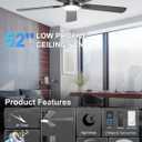 52'' Flush Mount Ceiling Fan with Lights, Space-Saving Low Profile for Low Ceilings, App/Remote Control, Safe Quiet DC Motor for Bedroom Living Room, Dimmable, Black