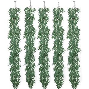 Mizii 5 Packs 390" Artificial Vines Willows Garland Fake Vine Italian Ruscus Silk Green Leaves Faux Plants Greenery Decoration for Bedroom Room Wall Party Table Centerpieces Wedding Arch Decor