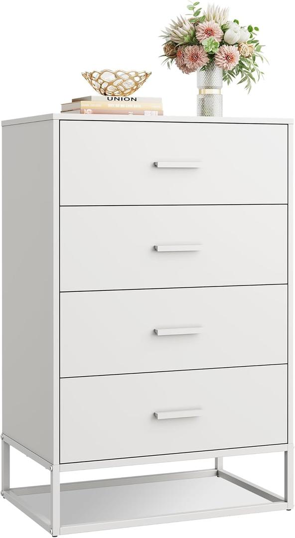 WLIVE White Wood Dresser for Bedroom with 4 Drawers, Tall Chest of Drawers with Sturdy Metal Frame for Living Room, Hallway, Closet