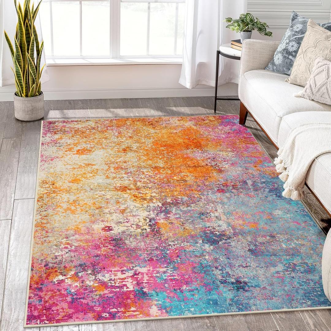 Lahome Modern Abstract Washable 5x7 Area Rugs for Living Room, Colorful Soft Bedroom Rug Low Pile Non Slip,Stain Resistance Dining Room Carpet for Nursery Office Entrance Home Office Decor (Galaxy)