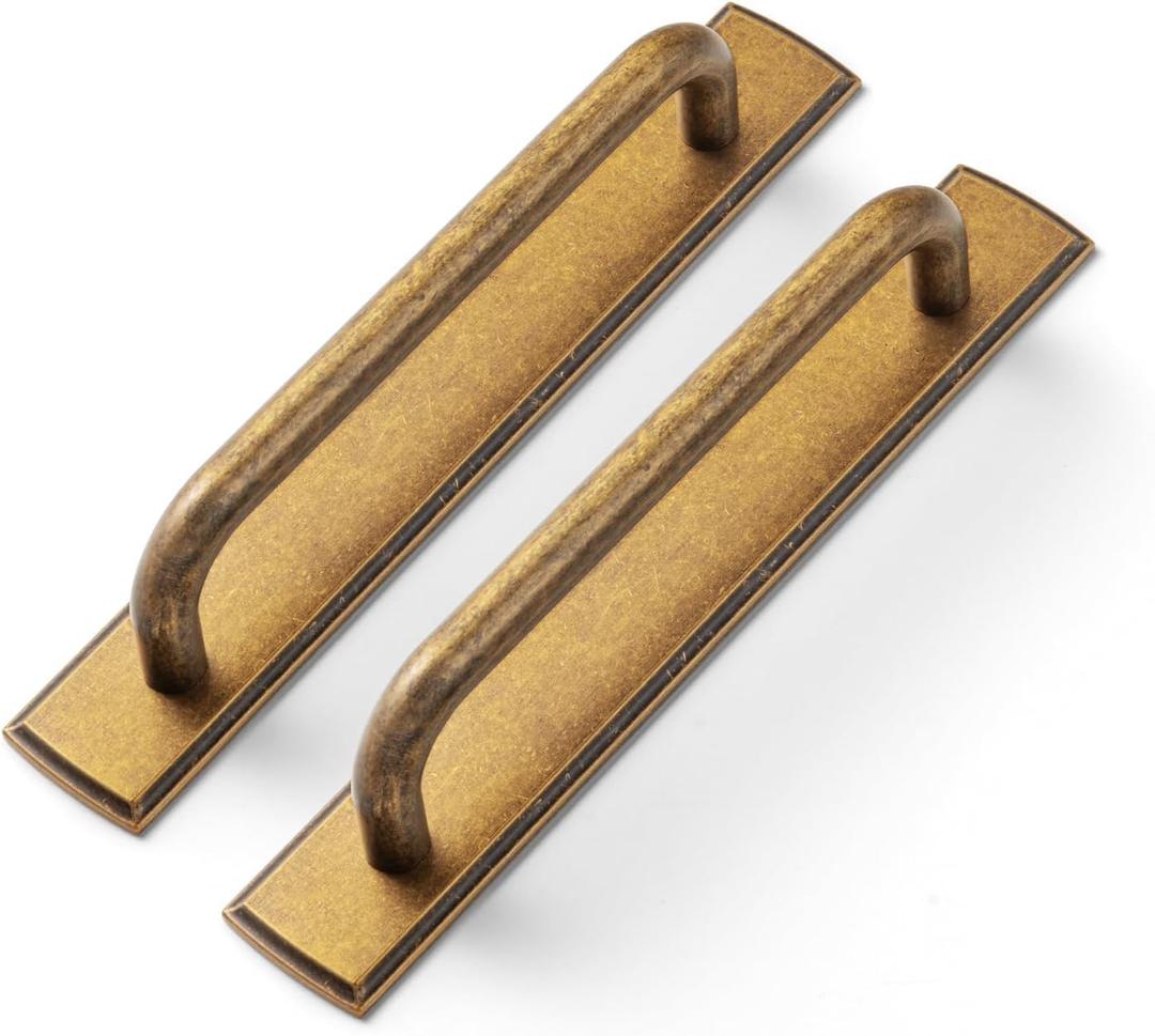 2 Pack Antique Brass Cabinet Pulls with Backplate, Solid Zinc Alloy 5'' Hole Centers Drawer Handles, Vintage Style Hardware for Bedroom, Kitchen Cupboard