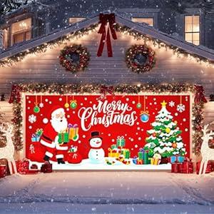 IVN Santa Christmas Garage Door Cover 13x6ft Merry Christmas Garage Door Banner Snowman Christmas Tree Gifts Xmas Garage Decoration for Xmas Eve Holiday Outdoor Winter Front Yard Decor