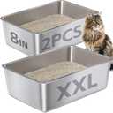 Stainless Steel Litter Box,Metal Litter Box for Big Cats 8IN Deep, Cat Litterbox 2 Pack Easy to Clean-High Sided,Stainless Steel CatLitters Box for Adult Cats,Non Stick, No Smell