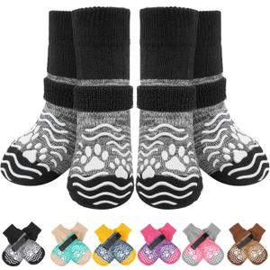 PUPTECK Anti Slip Dog Socks, Shoes with Grippers to Prevent Licking Hardwood Floors Traction, Rubber Boots & Paw Protectors for Small Medium Large Dogs Cold/Hot Pavement, Senior Dogs Booties Grey (Small (2 Pair))