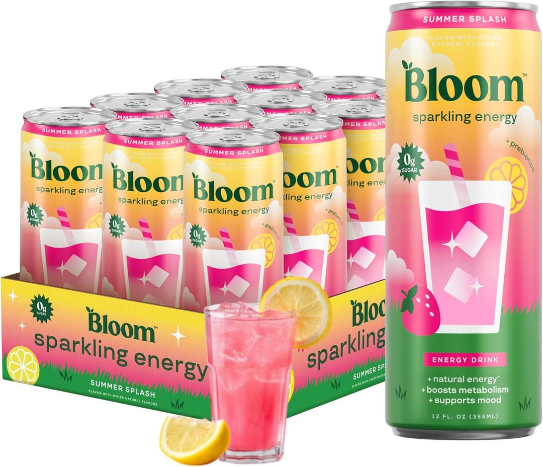 Bloom Nutrition Sparkling Energy Drink - Natural Caffeine, Zero Sugar, 180mg Caffeine - Antioxidant-Rich with Green Coffee Bean, Green Tea Extract, Prebiotics - Summer Splash - 12oz 12 Pack, 09/2027