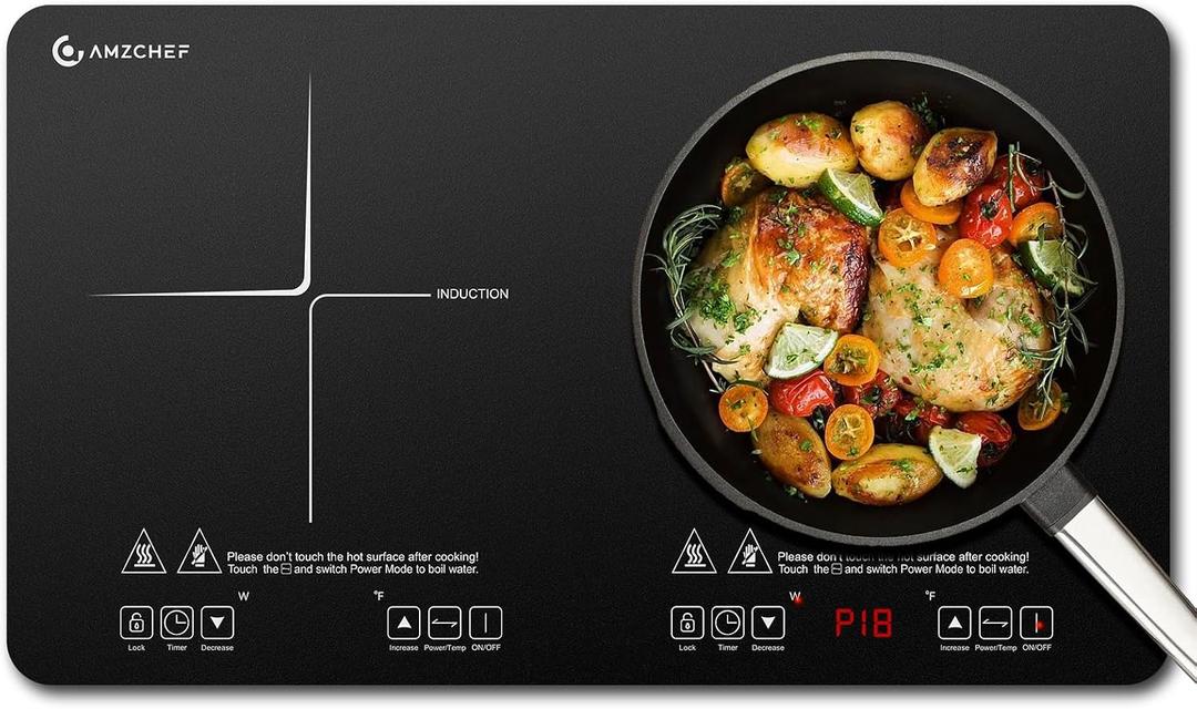 AMZCHEF Portable-Induction-Cooktop-2-Burner-ETL-Certified: 18 Power & 20 Temperature Levels Induction Burners 1800W, Independent Control,10-hour Timer, Safety Lock, Low Noise Electric Cooktops