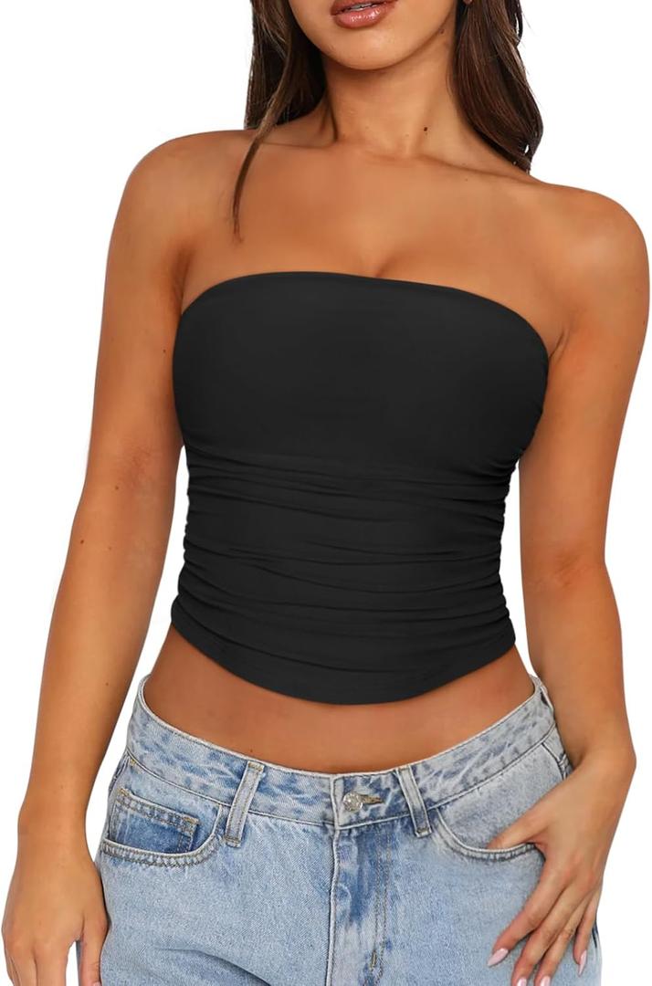 REORIA Womens Sheer Tube Top Summer Y2K Double Lined Strapless Tops Sleeveless Crop Top 2025 Going Out Outfits Trendy (Medium, Black)