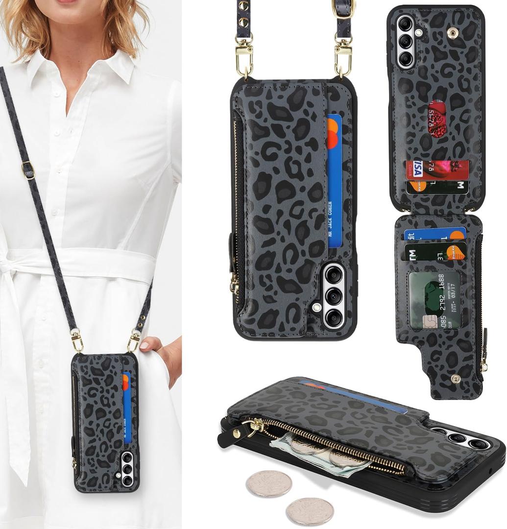 Cavor for Samsung Galaxy A14 5G Phone Case Wallet for Women, Galaxy A14 Crossbody Case with Strap,Leather Zipper Pocket Card Holder Cover-Leopard Black