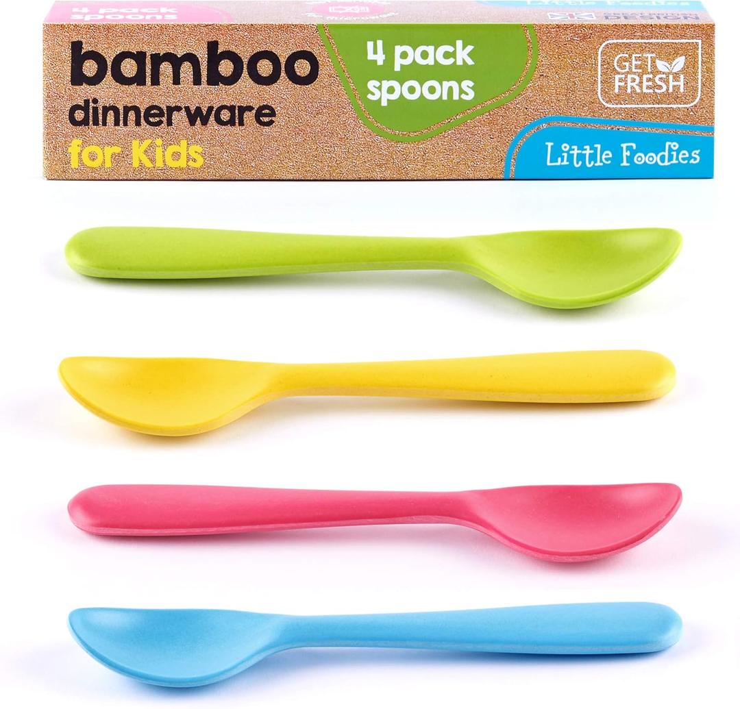 GET FRESH Bamboo Kids Spoons Set  4-pack Reusable Bamboo Fiber Kids Spoons for Everyday Use  Large Bamboo Kids Cutlery for Daily Mealtime  Colorful Bamboo Utensils for Toddlers and School Children