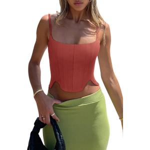 REORIA Women's Sexy Square Neck Trendy Sleeveless Adjustable Spaghetti Strap Corset Tank Crop Tops, S