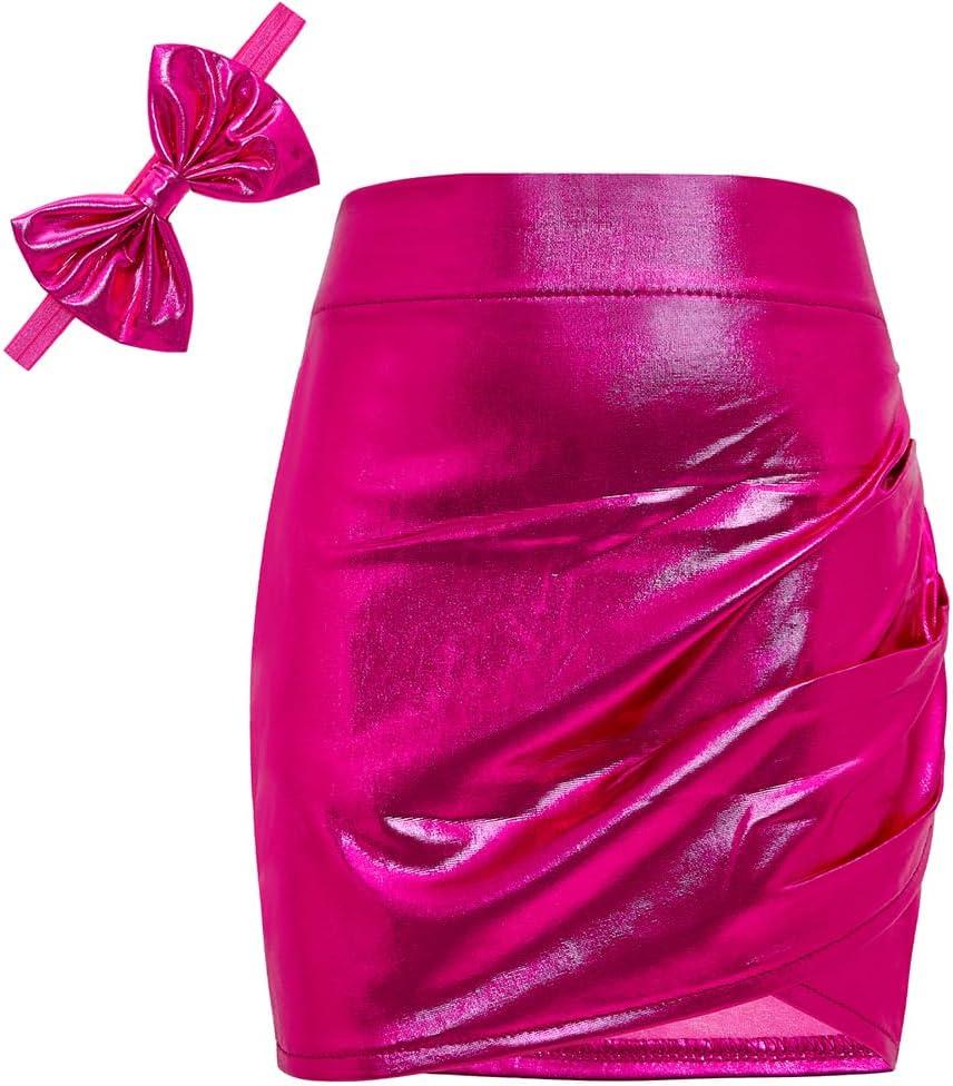 Girls Metallic Skirts Sparkle Shiny Toddler Baby Mini Ruched Skirts PU Faux Leather Short Skirt with Cute Headbands (Blue)