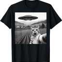 Cat Selfie with Alien UFO Funny Cat Gifts for Men Women Kid T-Shirt XL