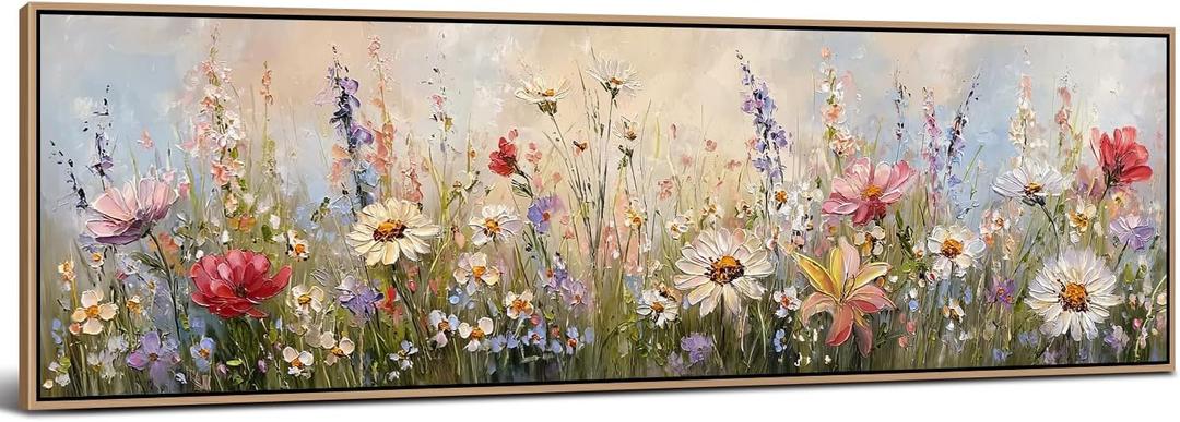 Wood Framed Wildflower Wall Art for Living Room, Colorful Flower Poppy Daisy Picture for Bedroom Above Bed Abstract Nature Floral Field Painting Canvas Prints Meadow Poster Artwork Decorations 14x48