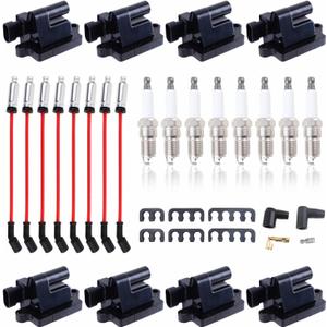 D581 Set of 8 Square Ignition Coil 8 Platinum Spark Plug and Red Wire Set Compatible with Chevrolet Chevy GMC Hummer Avalanche Savana 1500 2500 3500 Sierra UF271 (UF271 Black+748UU+41-962)