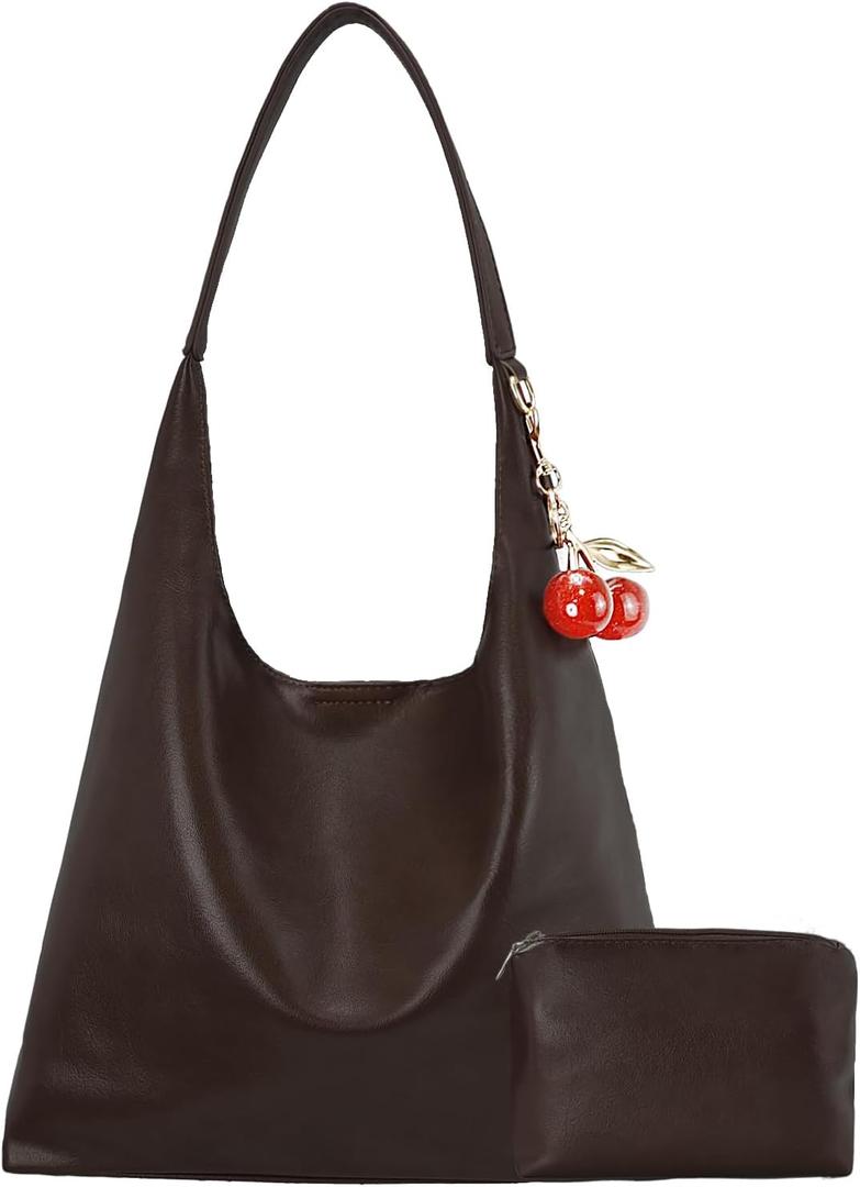 Vegan Hobo Bag Cherry Leather Shoulder Purse Slouchy Designer Crossbody Bag for Women Retro Tote Handbag (Coffee)