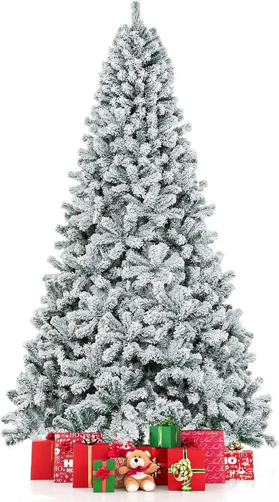 COSTWAY 9 FT Snow Flocked Christmas Tree, Artificial Holiday Hinged Pine Tree with 1498 Branch Tips, Solid Metal Stand, Premium Xmas Full Fake Tree for Home, Office, Party Decoration