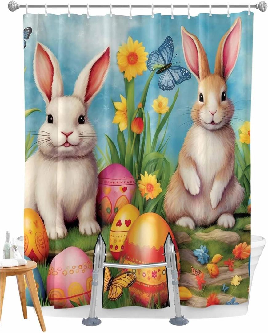 Easter Split Shower Curtain for Transfer Bench, Spring Rabbit Eggs Washable Fabric Bathroom Curtain Bunny Butterfly Flowers Bath Curtain with 2 Vertical Away Slits, 12 Hooks, 72''x72'' (Blue Yellow)