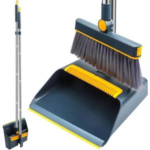 Long-Handled Broom and Dustpan Set, Windproof Broom Combination, 180-degree Rotating Brush Head with Upright Dustpan, Suitable for Indoor and Outdoor Cleaning. (Blue)
