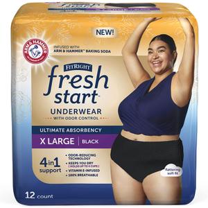 FitRight Fresh Start Incontinence and Postpartum Underwear for Women, XL, Black (12 Count) Ultimate Absorbency, Disposable Underwear with The Odor-Control Power of ARM & Hammer