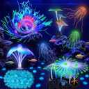 Weewooday 57 Pieces Glowing Fish Tank Decorations Plants with Simulation Silicone Coral Glowing Jellyfish Lotus Leaf Changeable Green Sea Anemone Luminous Stones for Aquarium Fish Tank Ornament