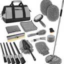 THINKWORK Car Wash Kit, Car Washing Brush with Long Handle, Extendable Car Wash Brush Mop with 2-in-1 Windshield Squeegee and 9Pcs Detailing Brush, Gray Car Detailing Kit Gift for Men