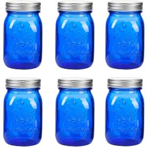 Amzcku 16 oz Blue Mason Jars with LidsRegular Mouth Canning Jar, 6 Pack Multifunction Glass Container, for Storage, Canning, Pickling, Preserving, Fermenting, DIY Crafts & Decor