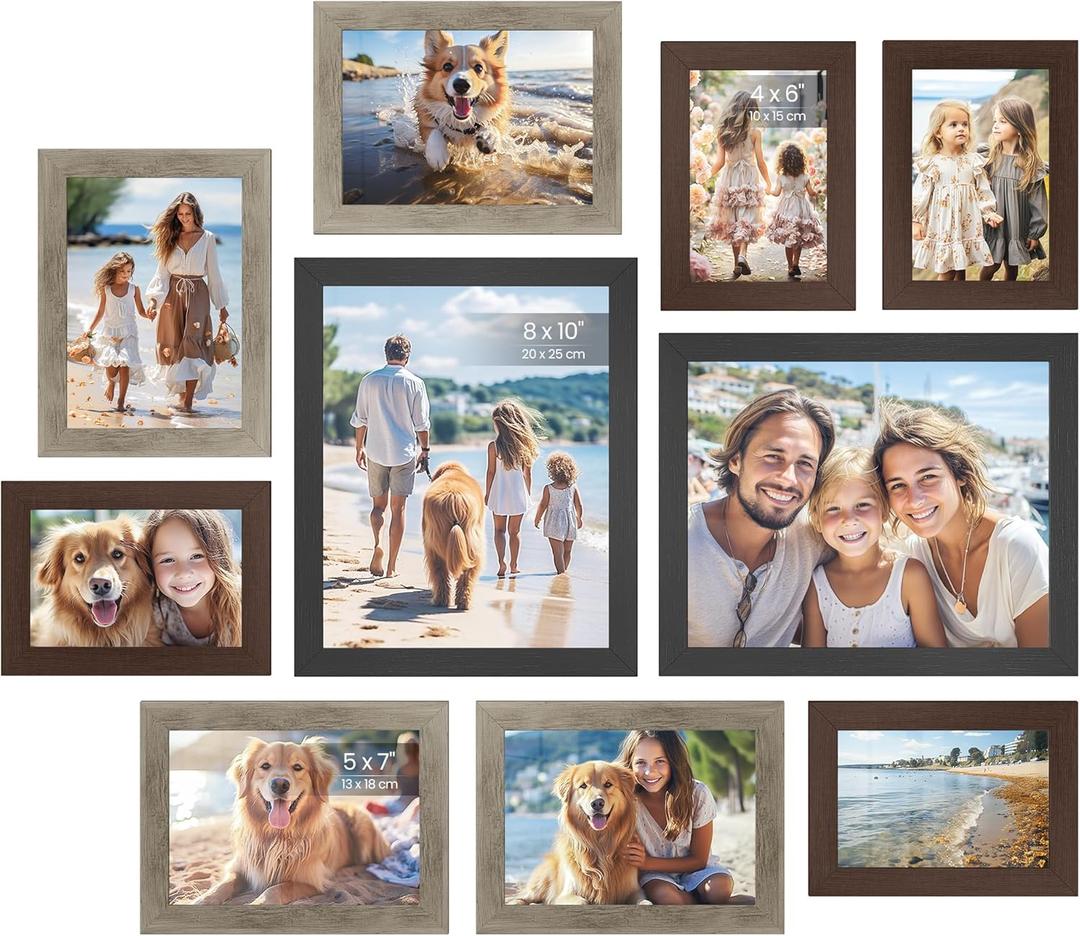 SONGMICS Picture Frames, Collage Picture Frames Set of 10, Two 8x10, Four 5x7, Four 4x6, Photo Frame for Wall Gallery Decor, Table Display, Glass, Maroon Brown, Heather Greige, Ash Black URPF010K03