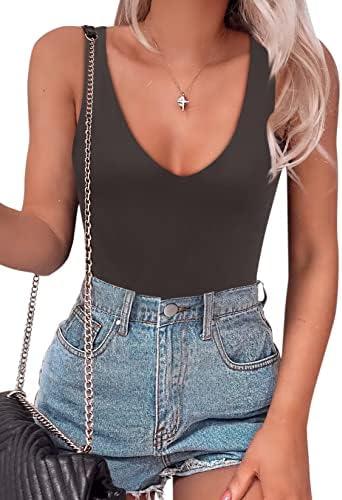 SAUNGKUAI Women’s Bodysuit Sexy Plunge Deep V Neck Backless Sleeveless Tank Thong Body Suits Outfits for Going Out, Medium