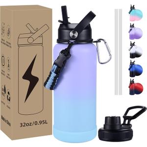 Insulated Water Bottle, 32 oz Stainless Steel Wide Mouth Water Bottles with 2 Leak Proof Lid and Paracord Handle, Double Wall Vacuum Insulated Sports Water Bottle, Purple Blue