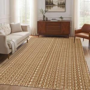 Washable Area Rug 5x7 ft,Rubber Backed Non Slip Neutral Rugs for Living Room,Office Rugs,Braided Bedroom Rug,Faux Jute Rug,Indoor Floor Solid Carpets for Dining,Tan Brown