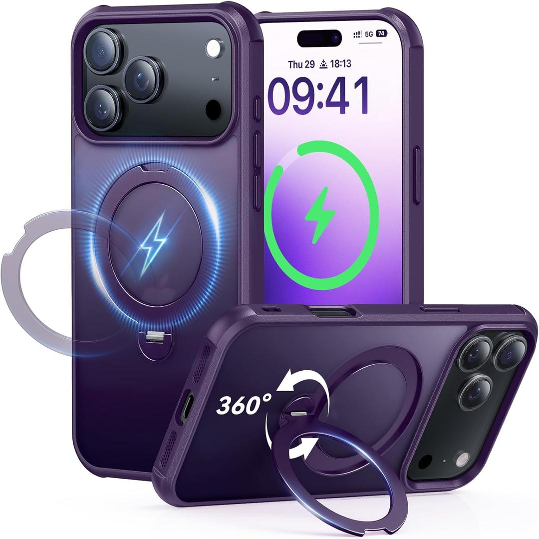 360 Spin Magnetic Stand (Pro-Version) for iPhone 17 Pro Max Case (Compatible with MagSafe) [Military Drop Protection] Matte Translucent Shockproof Protective Phone Case 6.9'', Purple