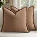 Woaboy Decorative Linen Fringe Throw Pillow Covers Boho Farmhouse Soft Cushion Covers Accent Pillowcases with Tassels for Living Room Couch Sofa Bed Chair,22x22 Inch Set of 2,Brown