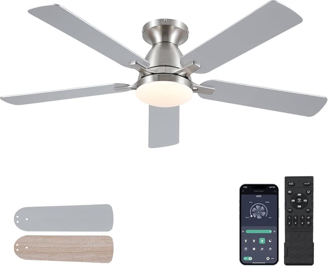 Ceiling Fans with Lights, 52" Flush Mount Ceiling Fan with Light and Remote/APP Control, Low Profile, Modern Ceiling Fan Reversible, Dimmable, Noiseless, Ceiling Fan for BedroomBrushed Nickel (Nickel-52inch)