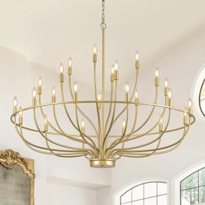 24 Light Gold Chandelier 51'' Large Candle Chandeliers for High Ceiling Foyer Brushed Brass Gold Chandelier Light Fixture for Large Living Room Dining Room Stairs Entry Restaurant Hotel