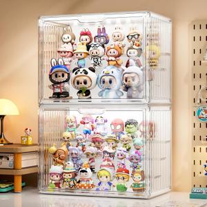 JOYZAN Clear Acrylic Display Case with Lights, 4 Tier LED Display Case for Collectibles 14.2" x 8.67" x 10.6" Stackable Lighted Display Box with Magnetic Door - Large 2 Packs