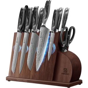 Knife Set for Kitchen 14 Pieces with Magnetic Block, German Razor Sharp High Carbon Stainless Steel Damascus Pattern, Full Tang Ergonomic Handle, Black Flowing Cloud Design (Black-14 Piece)