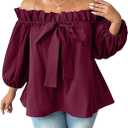 SweatyRocks Women's Plus Size Ruffle Off The Shoulder Blouse Bow Tie Front 3/4 Bishop Sleeve Loose Shirt (Red, XXL)