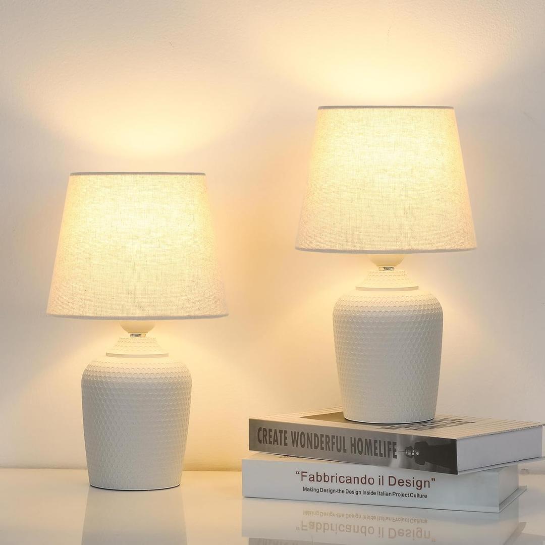 Small 12'' Table Lamps Set of 2, Bedside Nightstand Lamps for Bedroom Kids Room, Cute Desk Lamps with Studded Texture Base for Reading Nursery Living Room Office, White & Beige