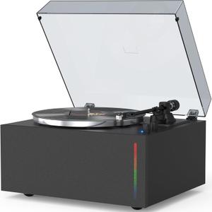 Turntables All-in-1 Vinyl Record Players with 2 Tweeter & 2 Bass HiFi Stereo Speakers Belt Drive Phono Preamp ATN-3600L MM Cartridge BT Wireless Aux-in RCA Line Auto Off Colored Light Strip Pure Black