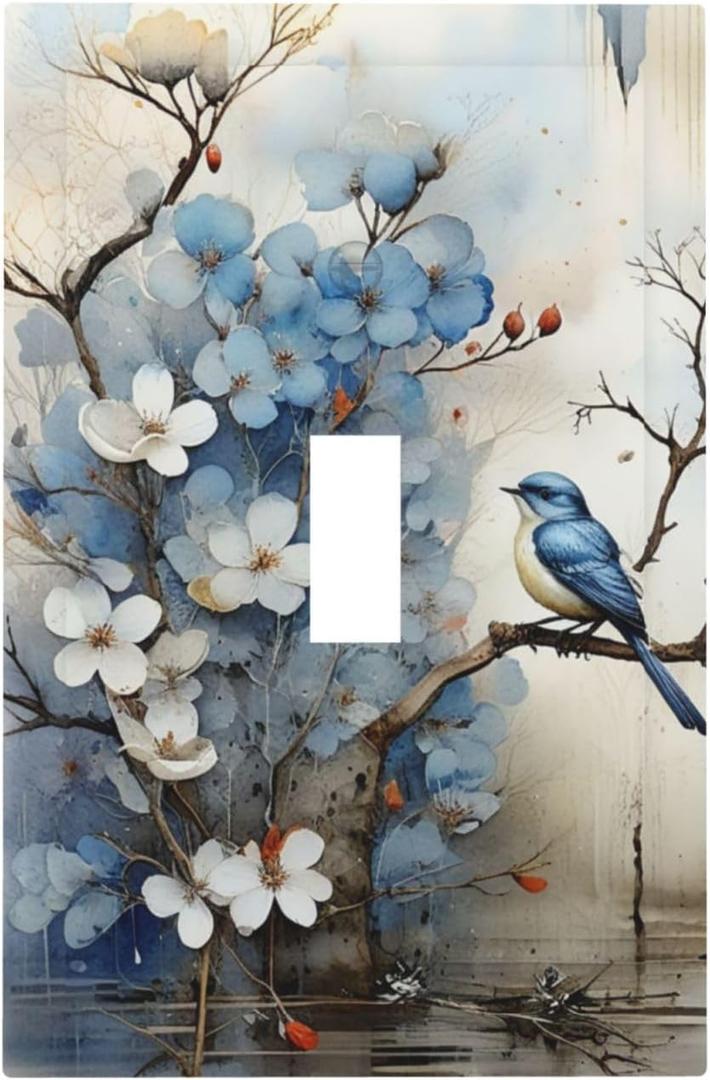 Decorative Art Light Switch Covers Artistic Natural Vintage Blue Bird 1 Gang Single Toggle Outlet Wall Plate Switchplate Electrical Faceplate for Home,BathRoom & Living Room Decor