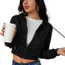 Women's Zip Up Hoodies Cropped Cardigan Jacket Drawstring Hooded Sweatshirts Casual Long Sleeve Top… (Black, L)