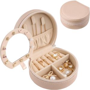 ProCase Travel Size Jewelry Box, Mini Portable Seashell-Shaped Jewelry Case with Mirror, 2 Layer Organizer in PU Leather for Women -Champagne