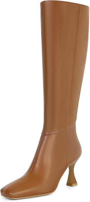 Dsevht Black Leather Knee High Boots for Women Stiletto Kitten Heeled Sexy Boots Square Toe and Side Zipper Design Fashion Dress Boots (10, Brown)
